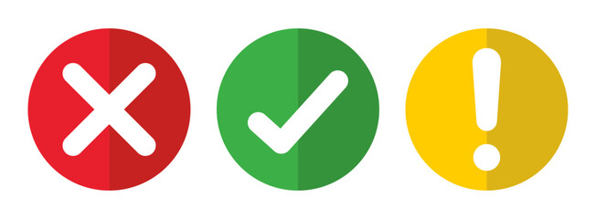 Aufkleber - Right, Wrong, Exclamation mark dual tone effect. Vector set of flat round check mark, X mark icons, exclamation point. Checkmark, exclamation round sign, X mark -stock vector. Vector illustration