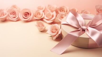 Ribbon in the shape of a heart with a gift box and rose flowers on a pastel pink background, Happy Valentine's Day,