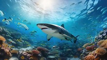 Photograph Of Whitetip Sharks Surrounded By Pilot Fish In The Sea. Panorama Realistic Daylight --ar 16:9 --v 5.2 Job ID: 35827f34-2ba9-4ad6-ac59-7d30d4572cb3