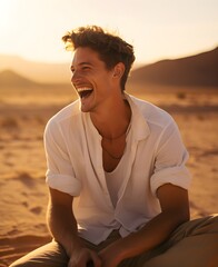 Wall Mural - close portrait of a beautiful guy, laughing, joyful, emoji, living portrait lifestyle photo