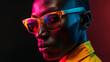 Persona negra con gafas mirando a la camara, con reflejos de luz de colores