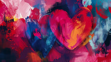 Colorful Abstract Background With Various Hearts Painted In Different Styles. The Hearts Are Surrounded By Splashes Of Paint, Giving An Abstract And Dynamic Feel. Teal, Orange, Pink, Yellow, And Blue 