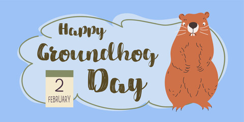  Happy Groundhog Day design with cute groundhog.Web banner, greeting card,poster ,templates