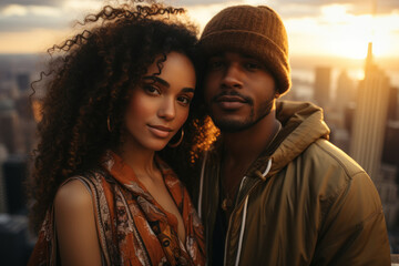 Charming multiracial young couple hugging on the top floor of a skyscraper.