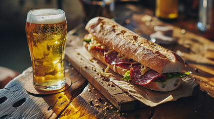 A salami sandwich and a pint of beer on a wooden table. 
