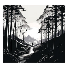 Wall Mural - The silhouette of a man in the forest of the evening, Created who generated.