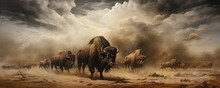 Horde Of Angry Buffalos Running To Camera. Cloud Of Dust Everywhere.