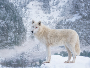 Poster - A white wolf stands against the background of a forest in winter