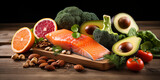 Healthy food for ketogenic diet concept on black background. Foods high in vitamins, minerals and antioxidants. A selection of foods including salmon avocado avocado and nuts selection of healthy food