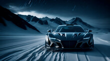 High-speed Supercar Gliding Through A Snowy Landscape. Black Racing Sport Car Speeding Across A Wintry Terrain