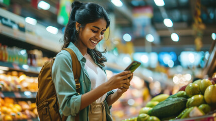 Wall Mural - Young woman is smiling while looking at her smartphone, standing beside a shopping cart filled with groceries in a supermarket aisle.