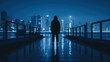 Night city scene with silhouette of dangerous criminal man wearing hood and looking for a victim, illustration for true crime story. Outdoor urban background.