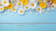 Floral Arrangement Of White Daisies And Yellow Flowers Scattered On A Vibrant Blue Wooden Background
