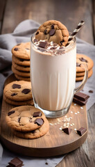 Canvas Print - Milkshake with chocolate and cookies on a vintage wooden board