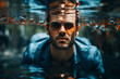 Surreal portrait of a man looking through glasses of water with mirror reflections and distortions