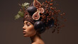 Sinnliches Portrait: Frau mit Feigen und Beeren auf dem Kopf. Konzept: Körperkunst mit Nahrungsmitteln / Lebendiges Stillleben. Surreale Illustration vor braunem Hintergrund.