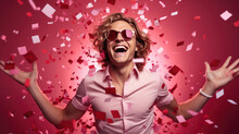Portrait Of A Laughing Man Surrounded By A Red Confetti Paper Hearts Against A Pink Background.