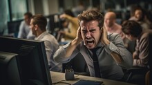 HR operations team member at a tech startup, working at his computer, he is pulling his hair out with hands out of frustration, he is very upset