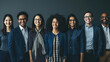 Line-up of cheerful individuals from diverse ethnic backgrounds, with confident smiles, dressed in professional attire, representing a unified team or staff of a modern, inclusive company.