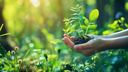 Hands holding a seedling that is about to be planted in the ground, symbolizing environmental protection.