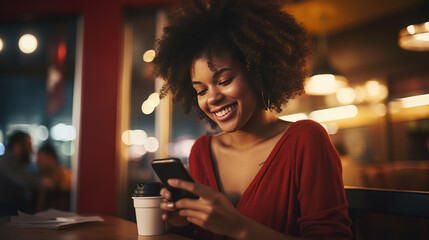 Sticker - Smiling woman with curly hair enjoying her time while looking at her smartphone in a cozy, well-lit cafe setting