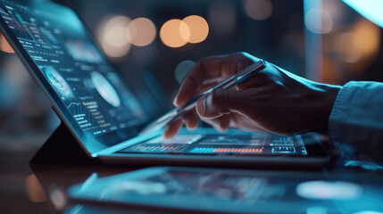 Close-up of hands using a digital tablet with a stylus pen, with a blurred background