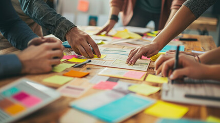 Wall Mural - сlose-up view of several hands collaboratively working on a project with colorful sticky notes, pape