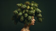 Sinnliches Portrait einer Frau mit Hopfen-Blüten auf dem Kopf. Profil. Illustration mit grünem Hintergrund