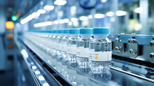Vials Of Liquid Medication In Production Line, Pharmaceutical Manufacturing, Medicine And Vaccine Concept.
