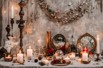 Wall Mural - burning candle, moon symbol, amulet and crystal ball lying on a light natural background. Witchcraft, esoteric spiritual ritual. photo Playground AI platform.