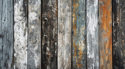 Canvas Print - Weathered wooden planks with peeling paint and lichen growth.