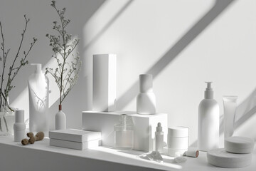 Leinwandbilder - A minimalist design featuring a sleek white shelf adorned with delicate vases, perfectly complementing the modern art on the wall for a calming and elegant indoor atmosphere
