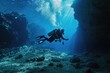 Exploring the vibrant underwater world, a skilled scuba diver glides gracefully through the crystal-clear water, equipped with their oxygen mask and finswimming gear, guided by a divemaster as they d