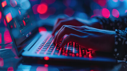 Close-up of a person's hands typing on a backlit laptop keyboard with a screen displaying what appears to be a warning or error message