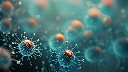 Wall Mural - Virus Cells flowing concept. Close-up of dissolving virus under microscope. The flu or SARS-CoV-2 COVID-19 pandemic cure or vaccination concept. Realistic high quality medical 3d animation. Antibodies