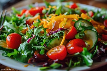 A vibrant garden salad bursting with natural produce and superfood spinach, topped with juicy cherry and plum tomatoes, all served on a stylish plate for a healthy and delicious vegetarian meal