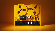 Vintage reel to reel audio analog tape recorder technology equipment yellow orange object 3d illustration render digital rendering