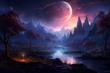 Beautiful purple and blue landscape background for presentation with the moon or planet