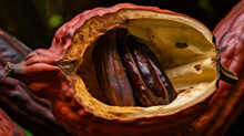 A Close-up Of A Cacao Pod Breaking Open, Revealing Cacao Beans Inside.