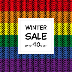 Wall Mural - Winter Sale up to 40% off - Schriftzug in englischer Sprache - Winterschlussverkauf bis zu 40% Rabatt. Quadratisches Verkaufsplakat mit gestricktem Hintergrund in Regenbogenfarben.