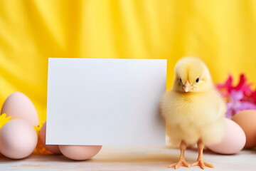 yellow chicken with blank paper with easter eggs, Generative AI