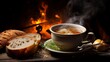 A bowl of steaming hot soup served with crusty bread on the side