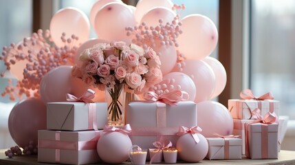 Pink and white birthday party decorations