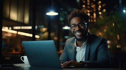 Wall Mural - Late at Night in Private Office black male Businessman Works on a Laptop Computer. He Look at the Camera with Smile. Data Protection Engineering Network for Cyber Security, generative ai
