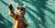 Fashionable Feline in Sunglasses and Hawaiian Shirt Strikes a Pose. This quirky cat channels summer vibes and carefree attitude, making a bold fashion statement.