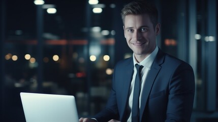 Wall Mural - Late at Night in Private Office white male Businessman Works on a Laptop Computer. He Look at the Camera with Smile. Data Protection Engineering Network for Cyber Security, generative ai