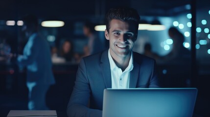 Wall Mural - Late at Night in Private Office white male Businessman Works on a Laptop Computer. He Look at the Camera with Smile. Data Protection Engineering Network for Cyber Security, generative ai