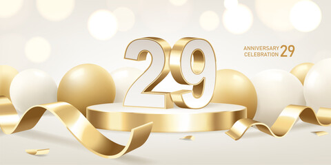 Wall Mural - 29th Anniversary celebration background. Golden 3D numbers on round podium with golden ribbons and balloons with bokeh lights in background.