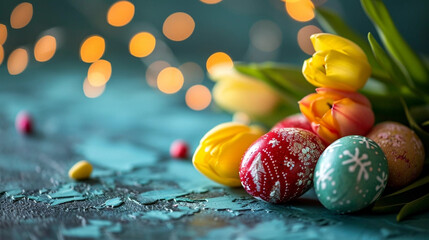 Wall Mural - copy space, stockphoto, easter eggs with and some tulips as decoration against green bokeh background. Beautiful Eastermockup. Easter scenery, background for poster or banner.