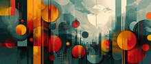 A Stylised Abstract Urban Landscape With Vibrant Circles And Geometric Shapes.